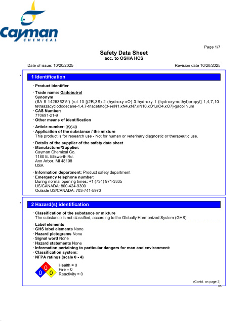 First page of Gadobutrol | SDS | CAS 770691-21-9 | Cayman Chemical | 39649 | English | 10/20/2025