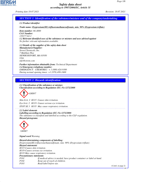 First page of Dysprosium(III) trifluoromethanesulfonate, min. 98% (Dysprosium triflate) 66-4000 SDS – Strem Chemicals, Inc.