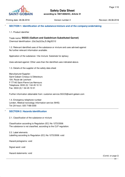 First page of SGGG (Gallium and Gadolinium Substituted Garnet) | SDS | Saint-Gobain / Luxium Solutions | English | 28.08.2018 · Version 2