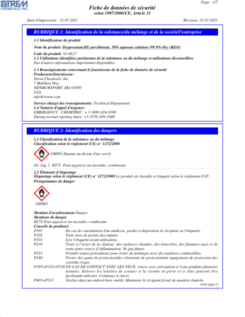 First page of Dysprosium(III) perchlorate, 50% aqueous solution (99.9%-Dy) (REO) 93-6617 SDS – Strem Chemicals, Inc.