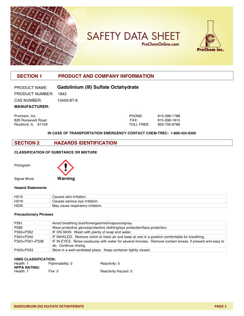 First page of Gadolinium (III) Sulfate Octahydrate | SDS | CAS 13450-87-8 | ProChem | 1842 | English