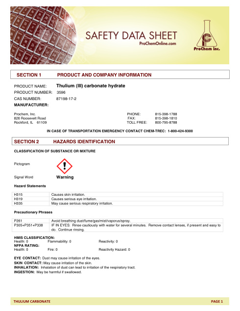 First page of Thulium (III) carbonate hydrate 3596 SDS – ProChem, Inc.