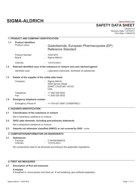 First page of Gadodiamide, European Pharmacopoeia (EP) Reference Standard | SDS | CAS 131410-48-5 | Sigma-Aldrich | Y0001875 | English | 11/07/2017 · Version 5.0