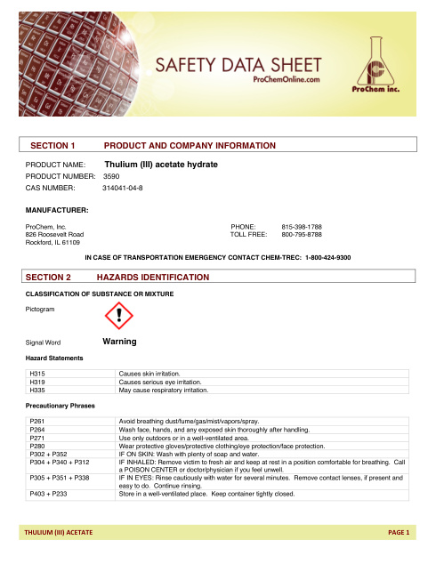 First page of Thulium (III) acetate hydrate 3590 SDS – ProChem, Inc.