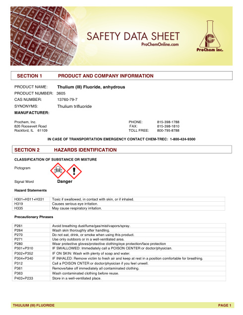 First page of Thulium (III) Fluoride, anhydrous 3605 SDS – ProChem, Inc.
