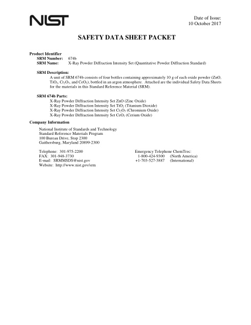 First page of Cerium oxide (CeO2) / diffraction intensity set | SDS | CAS 1306-38-3 | National Institute of Standards and Technology (NIST) | SRM 674b | English | 10 October 2017
