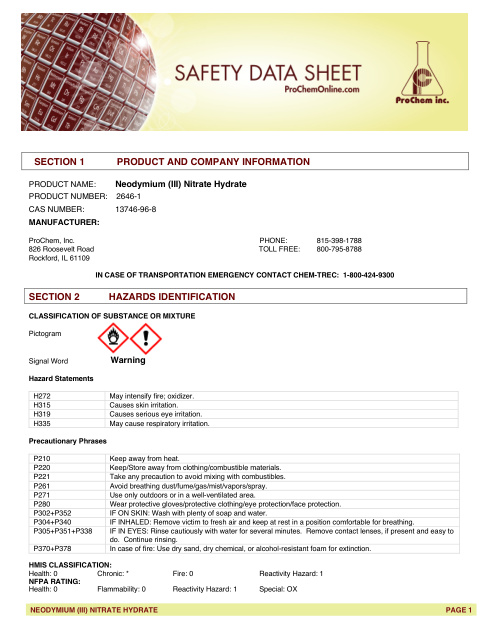 First page of Neodymium (III) Nitrate Hydrate 2646-1 SDS – ProChem, Inc.
