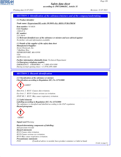 First page of Dysprosium(III) oxide (99.998%-Dy) (REO) PURATREM 93-6616 SDS – Strem Chemicals, Inc.