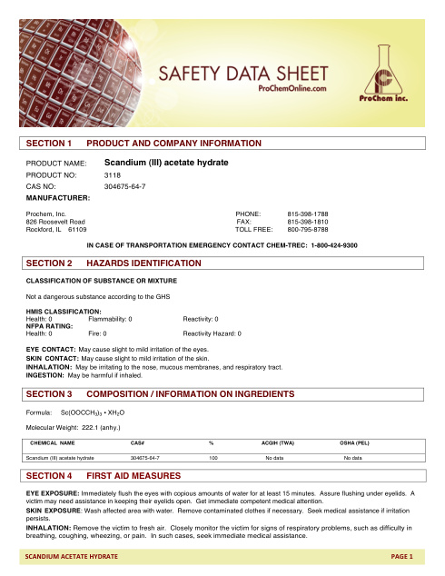 First page of Scandium (III) acetate hydrate 3118 SDS – ProChem, Inc.