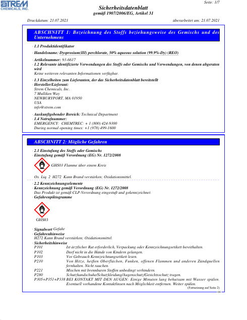 First page of Dysprosium(III) perchlorate, 50% aqueous solution (99.9%-Dy) (REO) 93-6617 SDS – Strem Chemicals, Inc.