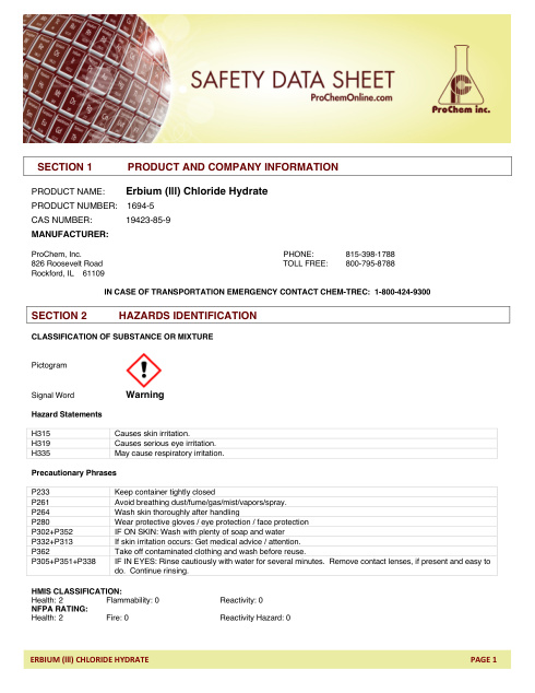 First page of Erbium (lll) Chloride Hydrate 1694-5 SDS – ProChem, Inc.