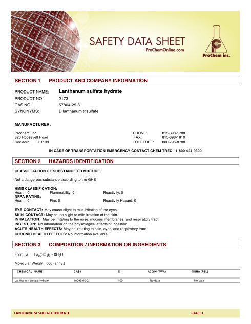 First page of Lanthanum sulfate hydrate 2173 SDS – ProChem, Inc.