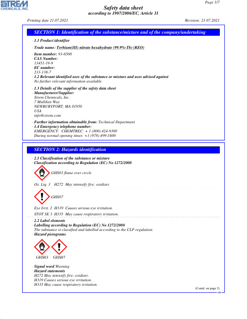 First page of Terbium(III) nitrate hexahydrate (99.9%-Tb) (REO) 93-6508 SDS – Strem Chemicals, Inc.
