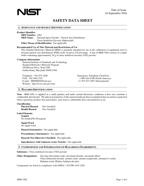 First page of Yttria-stabilized zirconia powder | SDS | National Institute of Standards and Technology (NIST) | NIST SRM 1982 | English | 16 September 2016