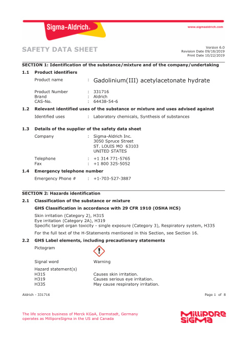 First page of Gadolinium(III) acetylacetonate hydrate | SDS | CAS 64438-54-6 | Sigma-Aldrich | 331716 | English | 09/18/2019