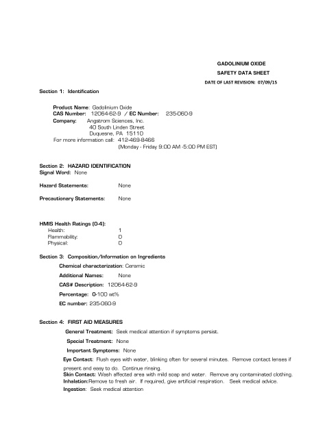 First page of Gadolinium Oxide | SDS | CAS 12064-62-9 | Angstrom Sciences | English | 07/09/15