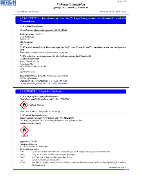 First page of Dysprosium powder (99.9% REO) 93-6635 SDS – Strem Chemicals, Inc.