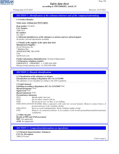 First page of Erbium foil (99.9% REO) 93-6834 SDS – Strem Chemicals, Inc.