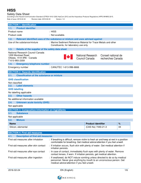 First page of HISS-1 sandy marine sediment certified reference material SDS – NRC Canada