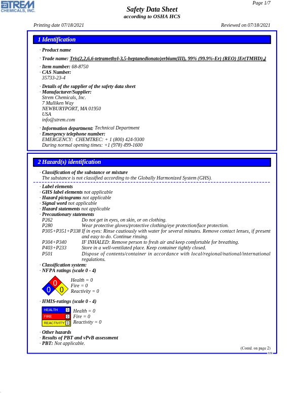 First page of · Trade name: Tris(2,2,6,6-tetramethyl-3,5-heptanedionato)erbium(III), 99% (99.9%-Er) (REO) [Er(TMHD) 3 ] 68-8750 SDS – Strem Chemicals, Inc.