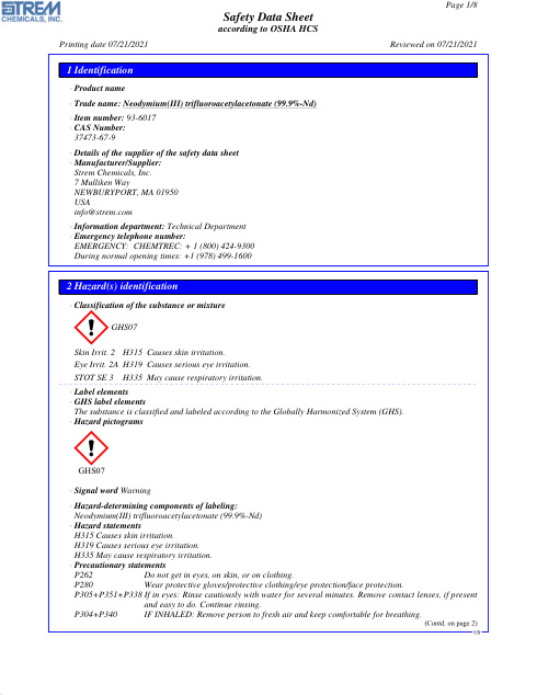First page of Neodymium(III) trifluoroacetylacetonate (99.9%-Nd) 93-6017 SDS – Strem Chemicals, Inc.