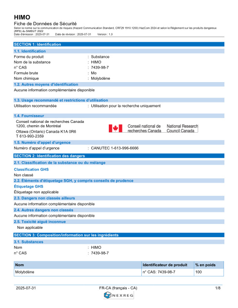 First page of HIMO-1 matériau de référence certifié de molybdène de haute pureté FDS – CNRC Canada