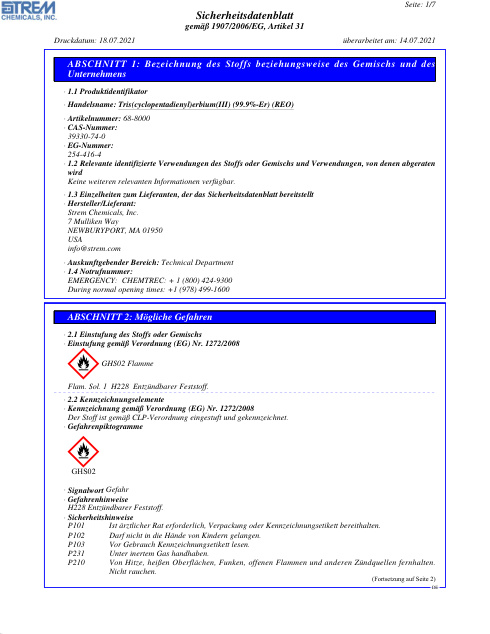 First page of Tris(cyclopentadienyl)erbium(III) (99.9%-Er) (REO) 68-8000 SDS – Strem Chemicals, Inc.