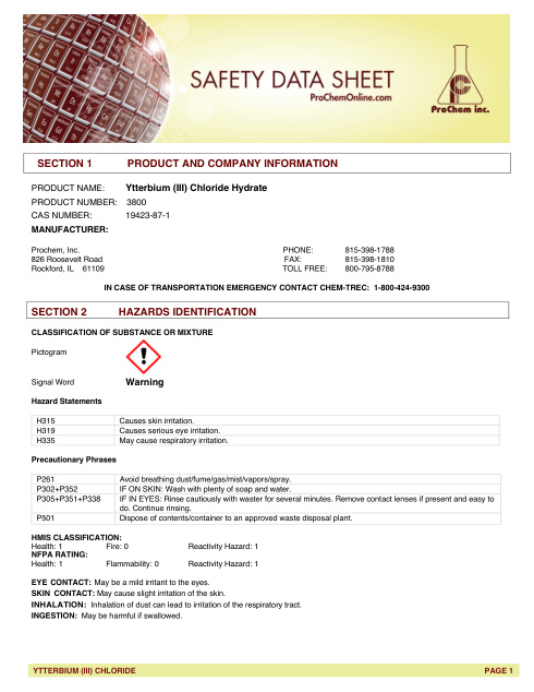 First page of Ytterbium (III) Chloride Hydrate 3800 SDS – ProChem, Inc.