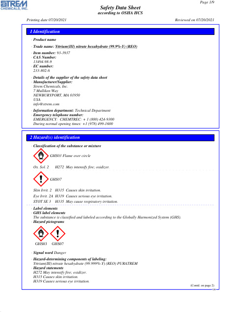 First page of Yttrium(III) nitrate hexahydrate (99.9%-Y) (REO) 93-3937 SDS – Strem Chemicals, Inc.