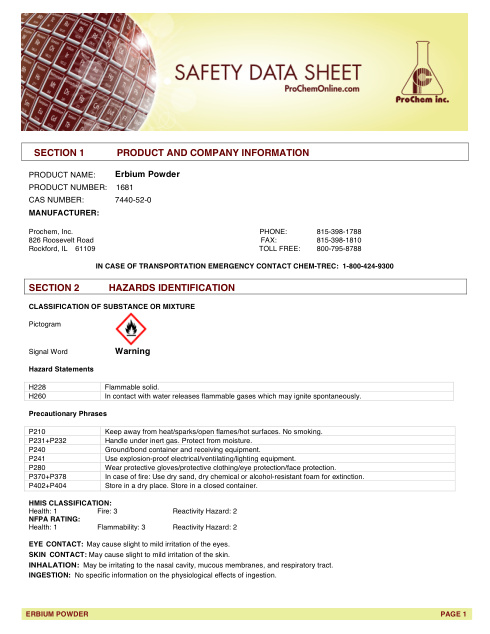 First page of Erbium Powder 1681 SDS – ProChem, Inc.