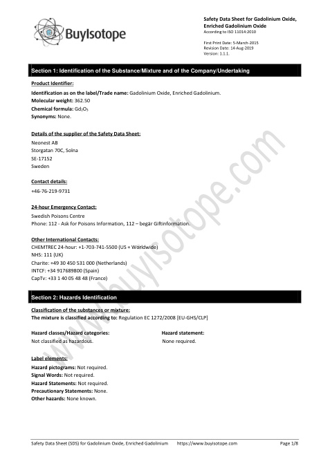 First page of Gadolinium oxide - enriched gadolinium isotopes | SDS | CAS 12064-62-9 | Neonest / BuyIsotope | English | 14-Aug-2019 · Version 1.1.1