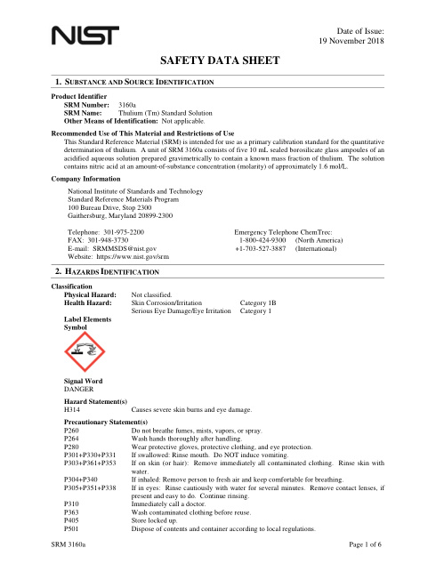 First page of Thulium (Tm) Standard Solution | SDS | National Institute of Standards and Technology (NIST) | SRM 3160a | English | 19 November 2018
