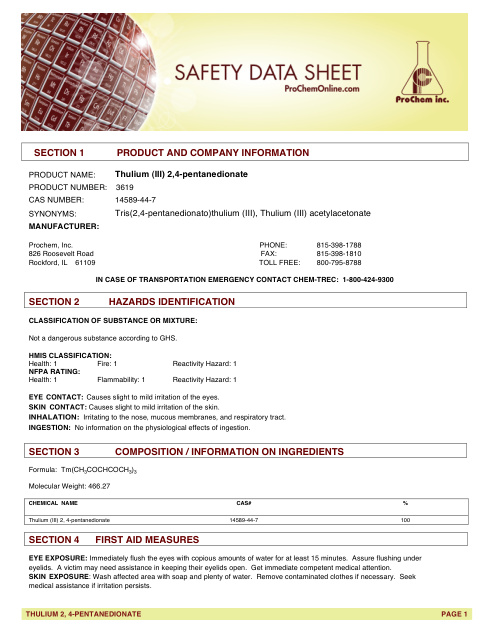 First page of Thulium (III) 2,4-pentanedionate 3619 SDS – ProChem, Inc.