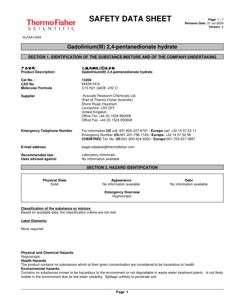 First page of Gadolinium(III) 2,4-pentanedionate hydrate ALFAA13204 SDS – Avocado Research Chemicals Ltd. (Part of Thermo Fisher Scientific)