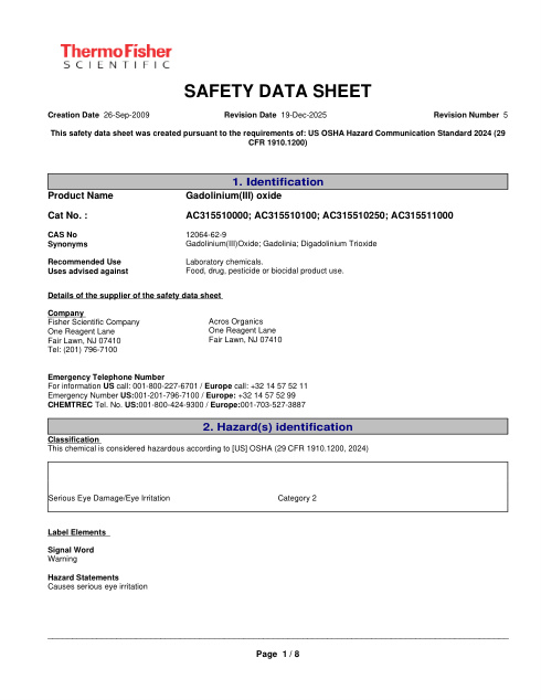 First page of Gadolinium(III) oxide | SDS | CAS 12064-62-9 | Thermo Fisher Scientific | AC315510000; AC315510100; AC315510250; AC315511000 | English | 19-Dec-2025 · Revision 5