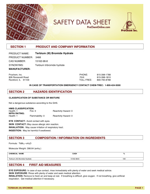 First page of Terbium (III) Bromide Hydrate 3466 SDS – ProChem, Inc.