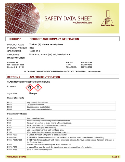 First page of Yttrium (III) Nitrate Hexahydrate 3856 SDS – ProChem, Inc.