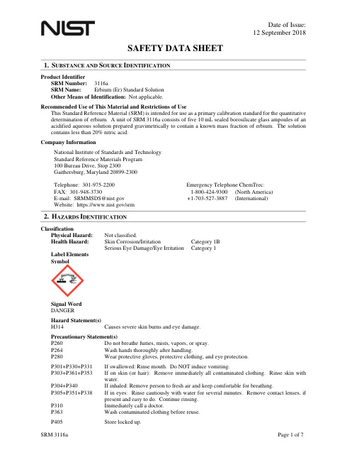 First page of Erbium (Er) Standard Solution | SDS | National Institute of Standards and Technology (NIST) | SRM 3116a | English | 12 September 2018