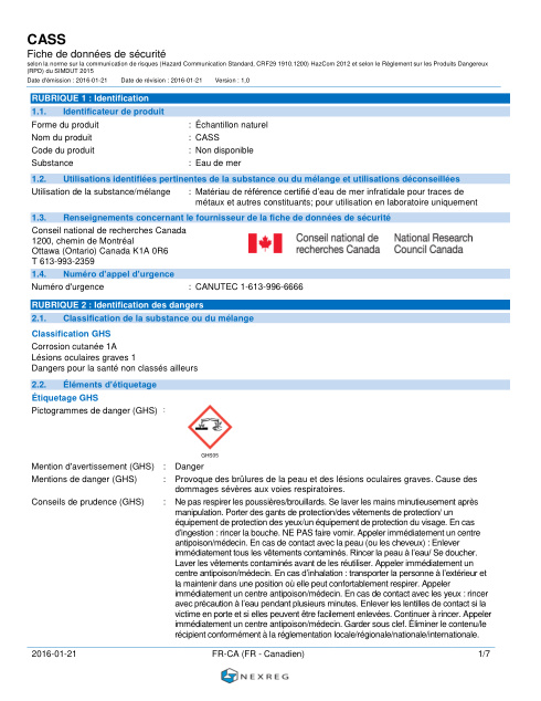 First page of CASS Matériau de référence d’eau de mer FDS – CNRC Canada