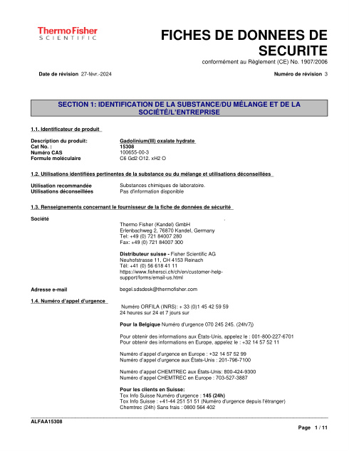 First page of Gadolinium(III) oxalate hydrate | SDS | CAS 100655-00-3 | Thermo Fisher Scientific | 15308 | French