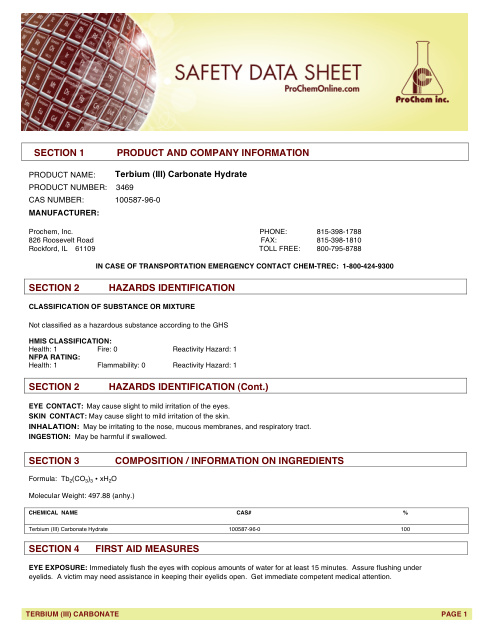 First page of Terbium (III) Carbonate Hydrate 3469 SDS – ProChem, Inc.