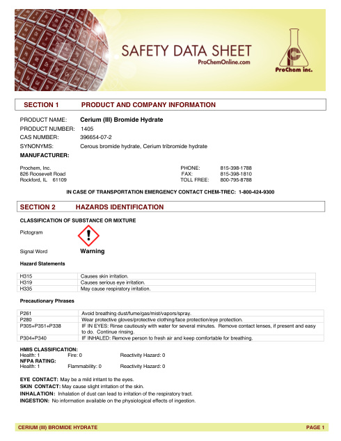 First page of Cerium (III) Bromide Hydrate 1405 SDS – ProChem, Inc.