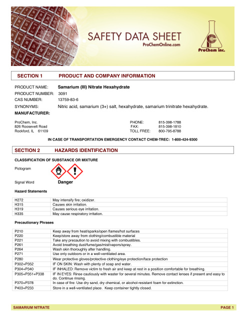 First page of Samarium (III) Nitrate Hexahydrate 3091 SDS – ProChem, Inc.