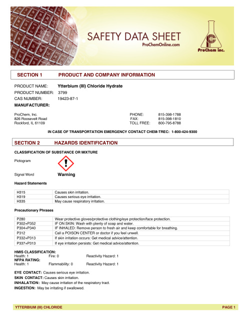 First page of Ytterbium (III) Chloride Hydrate 3799 SDS – ProChem, Inc.