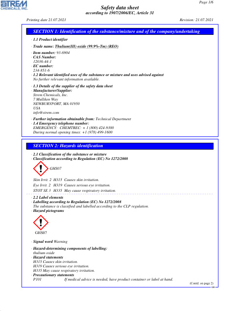 First page of Thulium(III) oxide (99.9%-Tm) (REO) 93-6904 SDS – Strem Chemicals, Inc.
