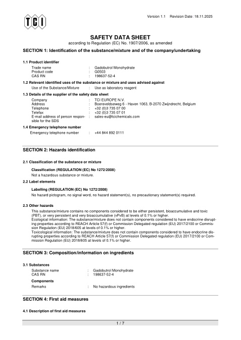 First page of Gadobutrol Monohydrate | SDS | CAS 198637-52-4 | TCI | G0503 | English | 18.11.2025 · Version 1.1