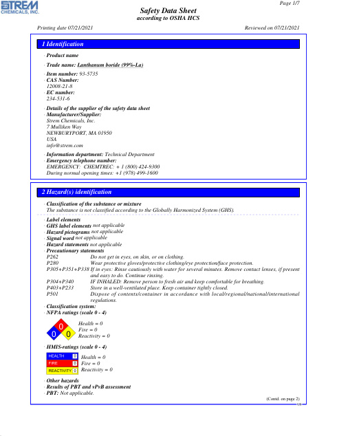 First page of Lanthanum boride (99%-La) 93-5735 SDS – Strem Chemicals, Inc.