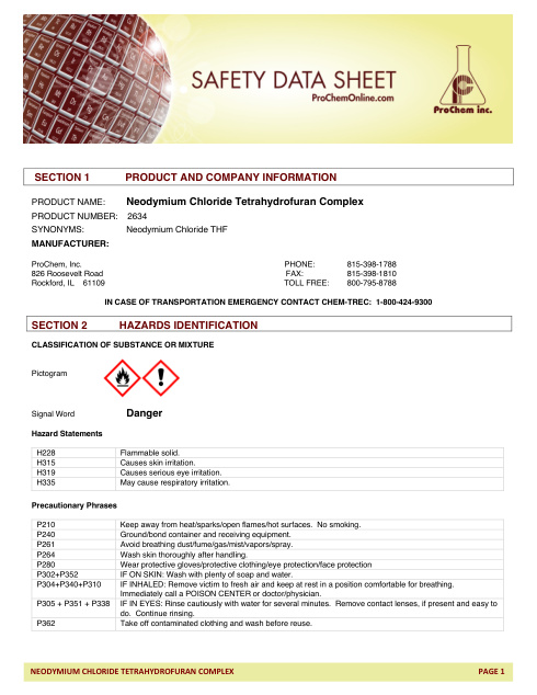 First page of Neodymium Chloride Tetrahydrofuran Complex 2634 SDS – ProChem, Inc.