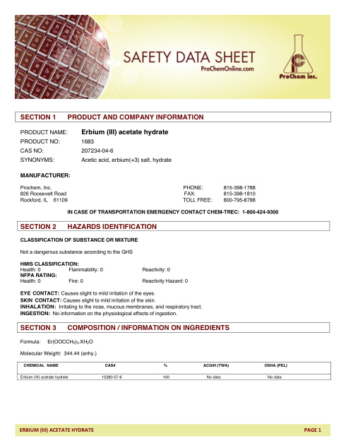 First page of Erbium (III) acetate hydrate 1683 SDS – ProChem, Inc.