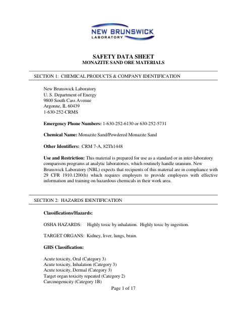 First page of Monazite Sand / Powdered Monazite Sand | SDS | New Brunswick Laboratory, U.S. Department of Energy | CRM 7-A; 82Th1448 | English | 08 October 2014
